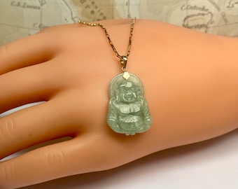 Vintage 14K Yellow Gold And Carved Green Jade Laughing Buddha Pendant!!!