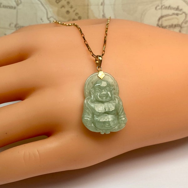 Vintage 14K geel goud en gesneden groene Jade Laughing Buddha hanger!!!