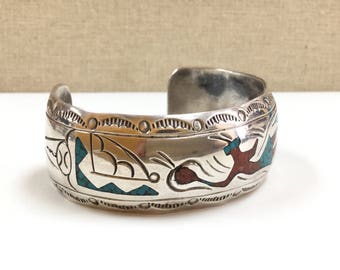 Vintage Native American Navajo Signed  "J NEZZIE " Turquoise And Coral Inlay Silver Cuff Bracelet!!!  Free US Shipping!!!