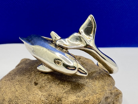 Heavy Detailed Solid  Sterling Silver Dolphin Cuf… - image 1