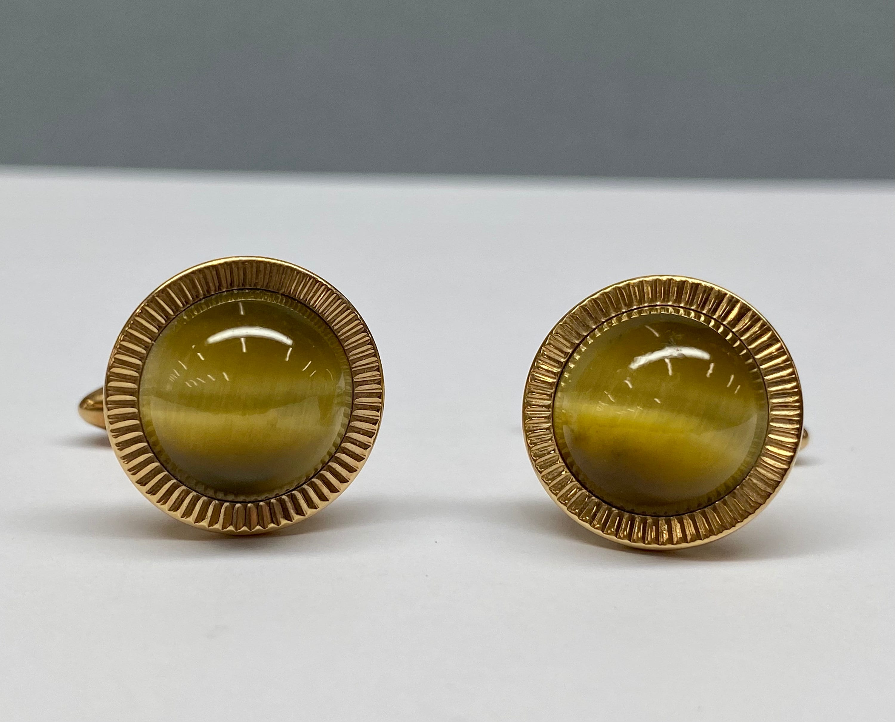 Boutons De Manchette En Or Plombé Avec Œil De Tigre - Set De 2 Paires Vintage