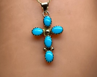 14KTイエローゴールドターコイズ天然宝石ディテールクロスペンダント