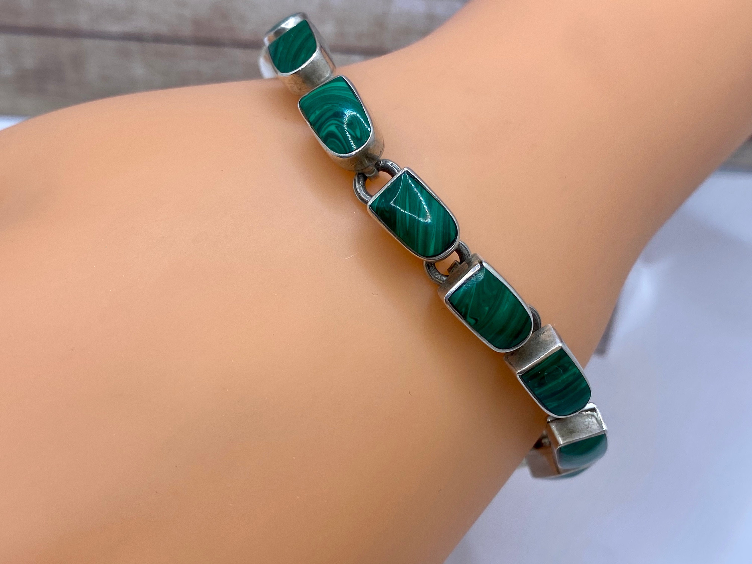 Heavy Vintage Mexico 950 Solid Silver Malachite Link Bracelet - Etsy