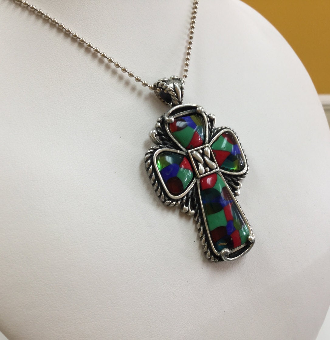 Vintage 925 Sterling Silver Multicolor Cross Pendant Free Etsy Ireland