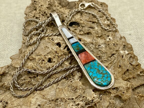 Vintage Navajo Sterling Silver Inlay Pendant Necklace, Signed H