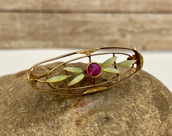 Beautiful Antique Victorian  10K Yellow Gold Enamel And Hot Pink Stone Brooch/Pin