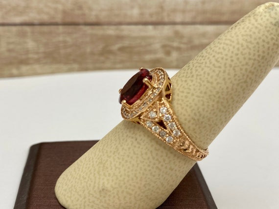 14K Rose Gold Ruby Diamond Halo Ring, Size 8.25 - image 2