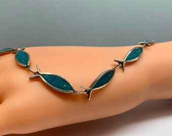 Vintage Signed  925 Sterling Silver And Crushed Blue Turquoise  Fish Figural Link Bracelet