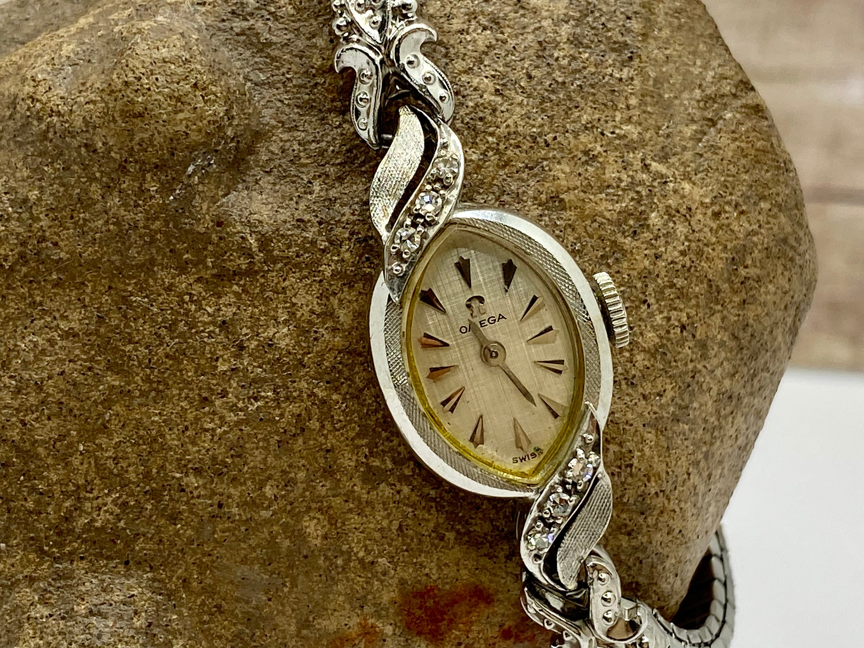 Vintage Omega 14K White Gold Diamond 