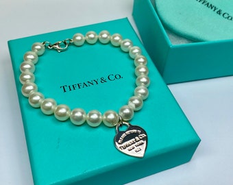 Tiffany en Co. 925 sterling zilver "Gelieve terug te keren naar Tiffany & Co. New York" harttag 7-8 mm witte parelarmband!!!