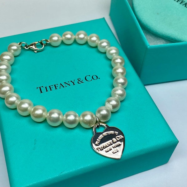 Bracelet en argent sterling 925 « Please Return To Tiffany & Co. New York » Tiffany And Co. Bracelet de perles blanches de 7-8 mm !!!