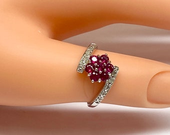 18K White Gold Burmese Ruby Diamond Floral Ring - Size 6 3/4