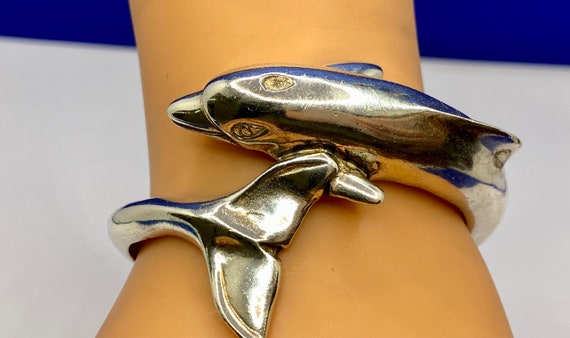 Heavy Detailed Solid  Sterling Silver Dolphin Cuf… - image 2