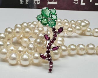 Vintage Elegant 18K White Gold Floral Brooch With Emeralds And Rubies!! Statement Jewelry, Perfect Gift For Her