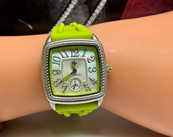 Judith Ripka Mother Of Pearl Watch: Stainless Steel with Lime Green Band