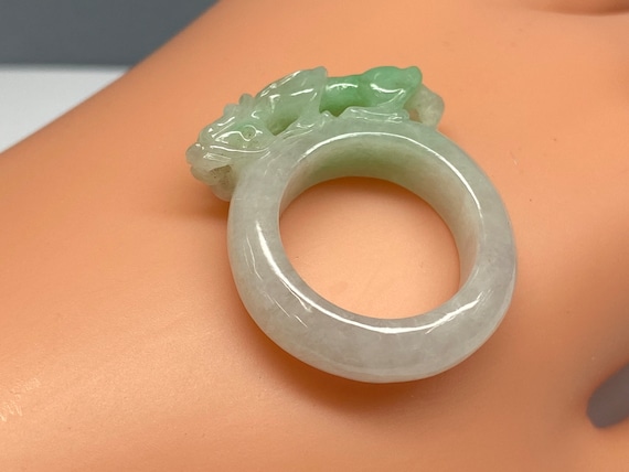 Hand Carved Jadeite Jade Dragon Ring - Size 8 1/2 - image 1