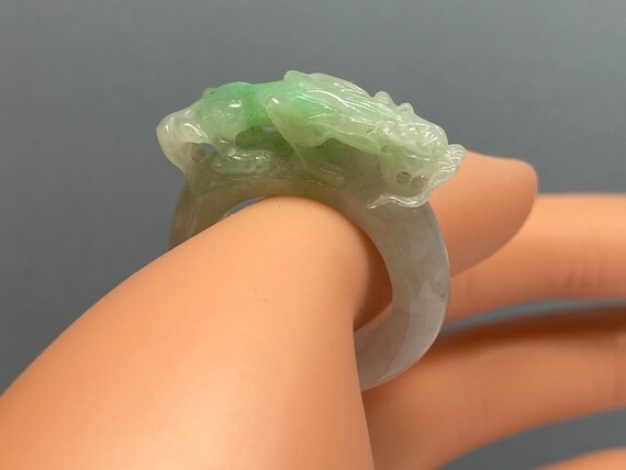 Hand Carved Jadeite Jade Dragon Ring - Size 8 1/2 - image 2