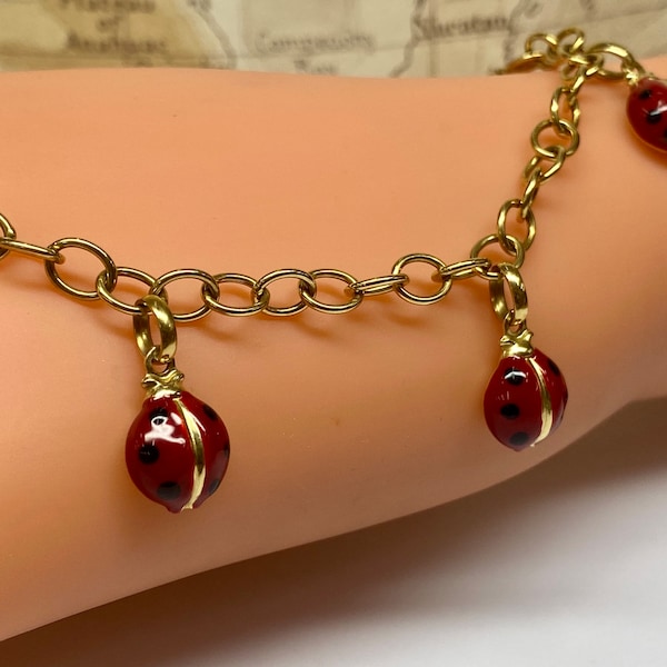 Vintage Italy MILROS 14K Yellow Gold And Red  Enamel Ladybug Charm 7" Bracelet