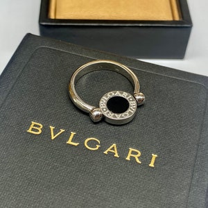 BVLGARI 18K White Gold Pave Diamond And Black Onyx Rotating Flip  Engagement Ring!! Size 54 (US 7)