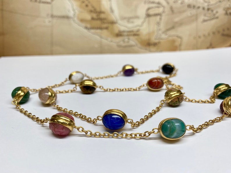 14K Yellow Gold Chain And Multi Color Stone Station 24" Necklace image 1