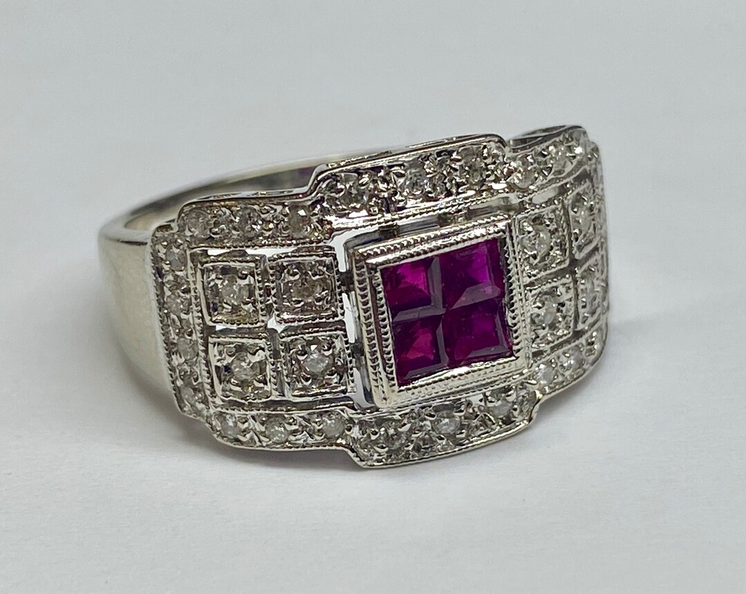Vintage 14k White Solid Gold Diamond and Ruby Ring - Etsy
