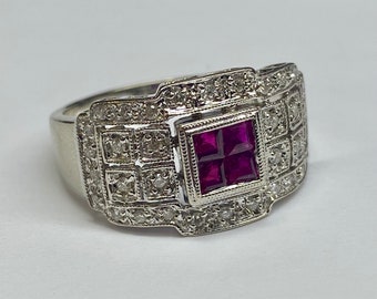 Vintage 14k wit massief gouden ring met diamant en robijn