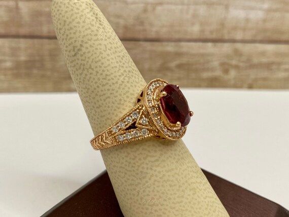 14K Rose Gold Ruby Diamond Halo Ring, Size 8.25 - image 3