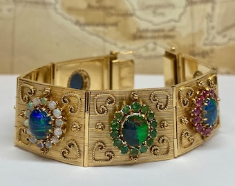 RARE Find!!!  Estate Circa 1970's 18K Solid Yellow Gold  Opal, Ruby, Emerald And Sapphire  Panel Link Women's Bracelet !!!