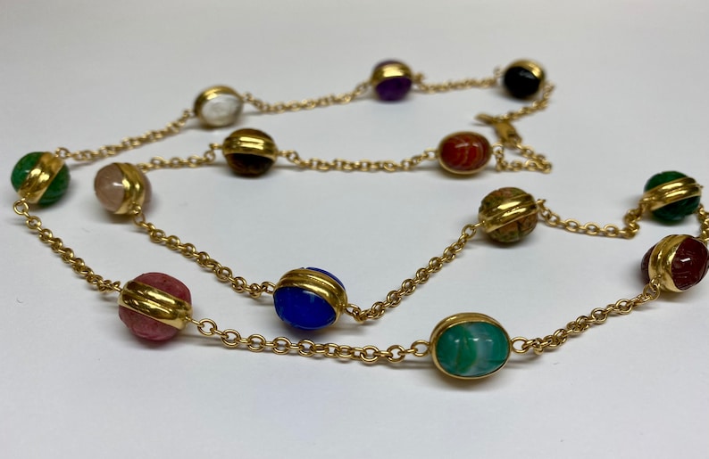 14K Yellow Gold Chain And Multi Color Stone Station 24" Necklace image 3