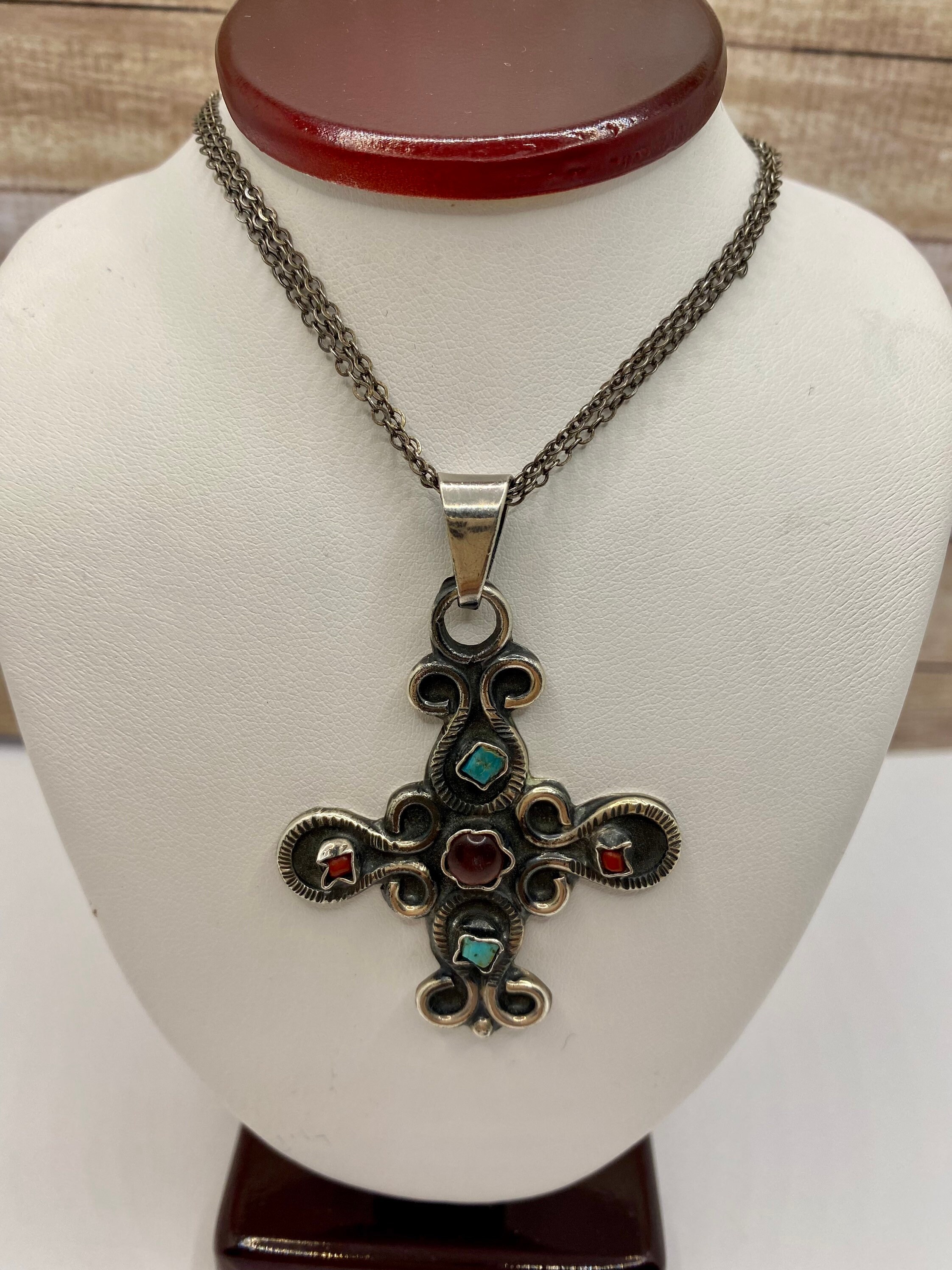 Vintage 925 Mexico Sterling Silver Multi Color Stone Cross Pendant 