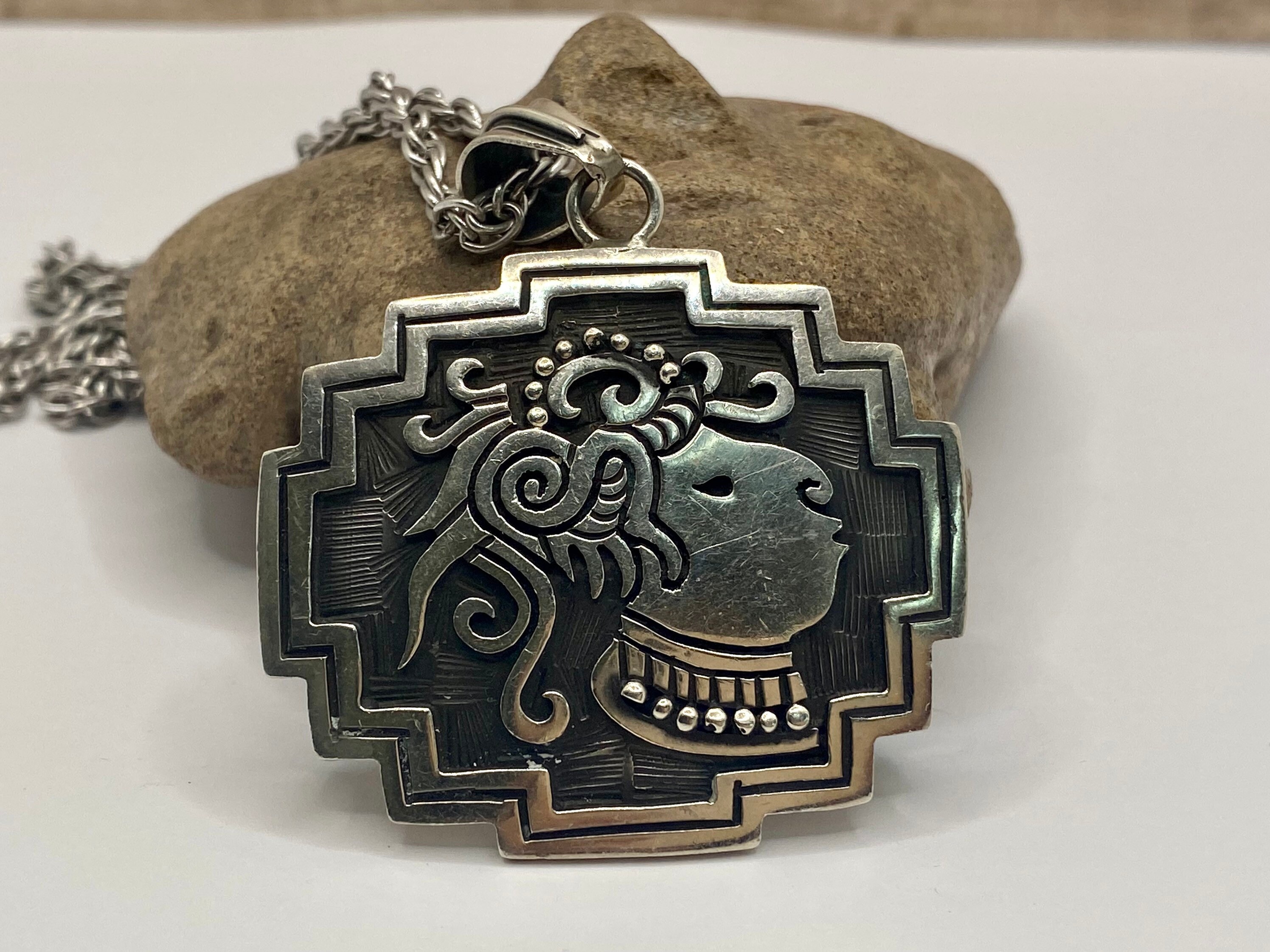 Large Vintage 950 Mexico Silver Aztec Warrior Pendant Large Vintage 950 Mexico Silver Aztec Warrior Pendant