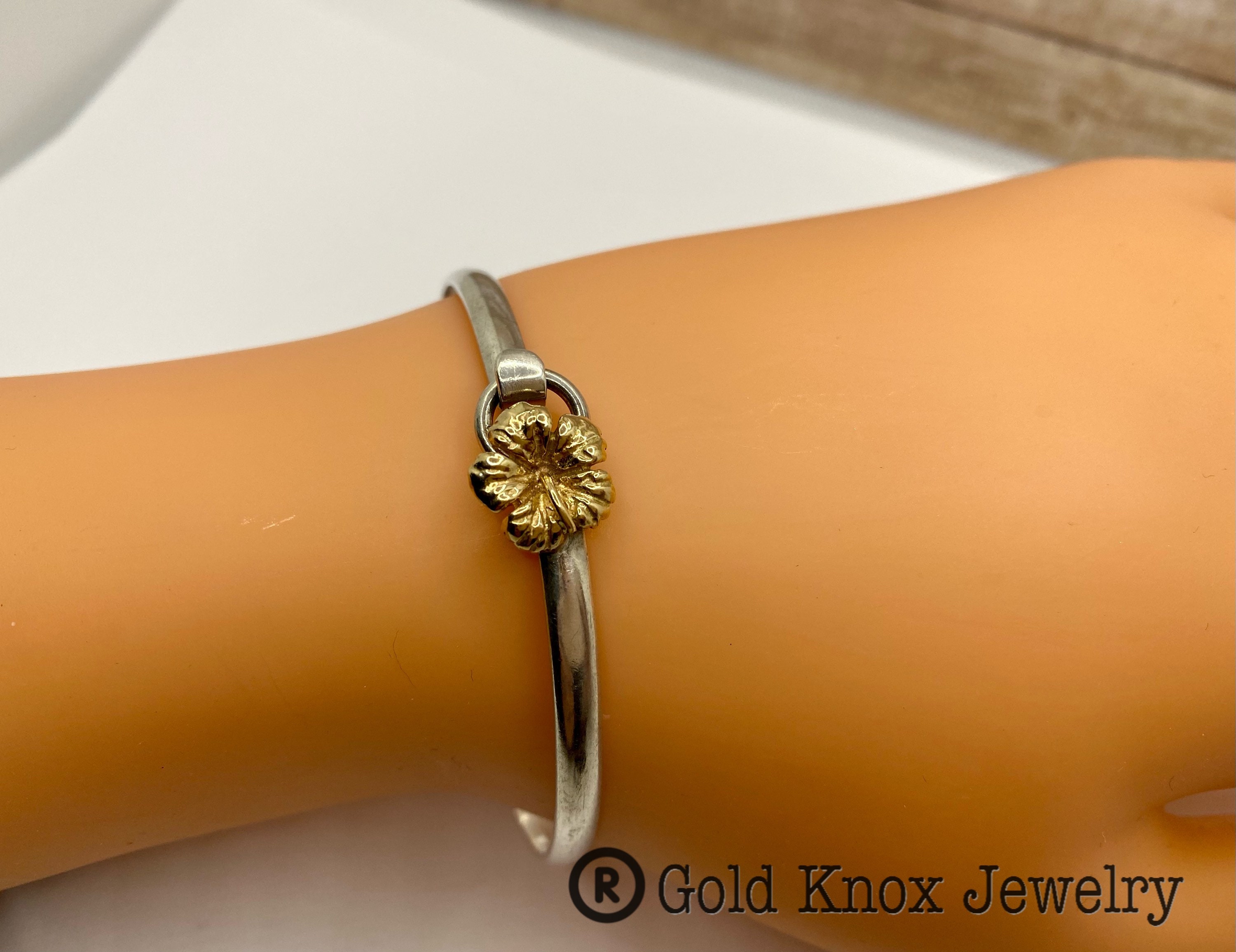14K Yellow Gold Flower And 925 Sterling Silver CBC Caribbean Bracelet Co. Bangle Bracelet