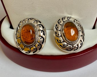 Vintage Mexico 925 Sterling Silver TAXCO And Amber Stud Earring Set!!