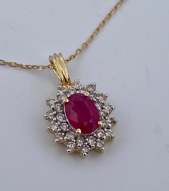Elegant 14K Yellow Gold Ruby And diamond Pendant … - image 1