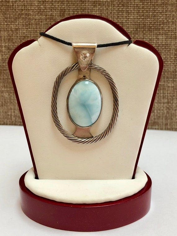 Vintage Sterling Silver Large Oval Larimar Pendant