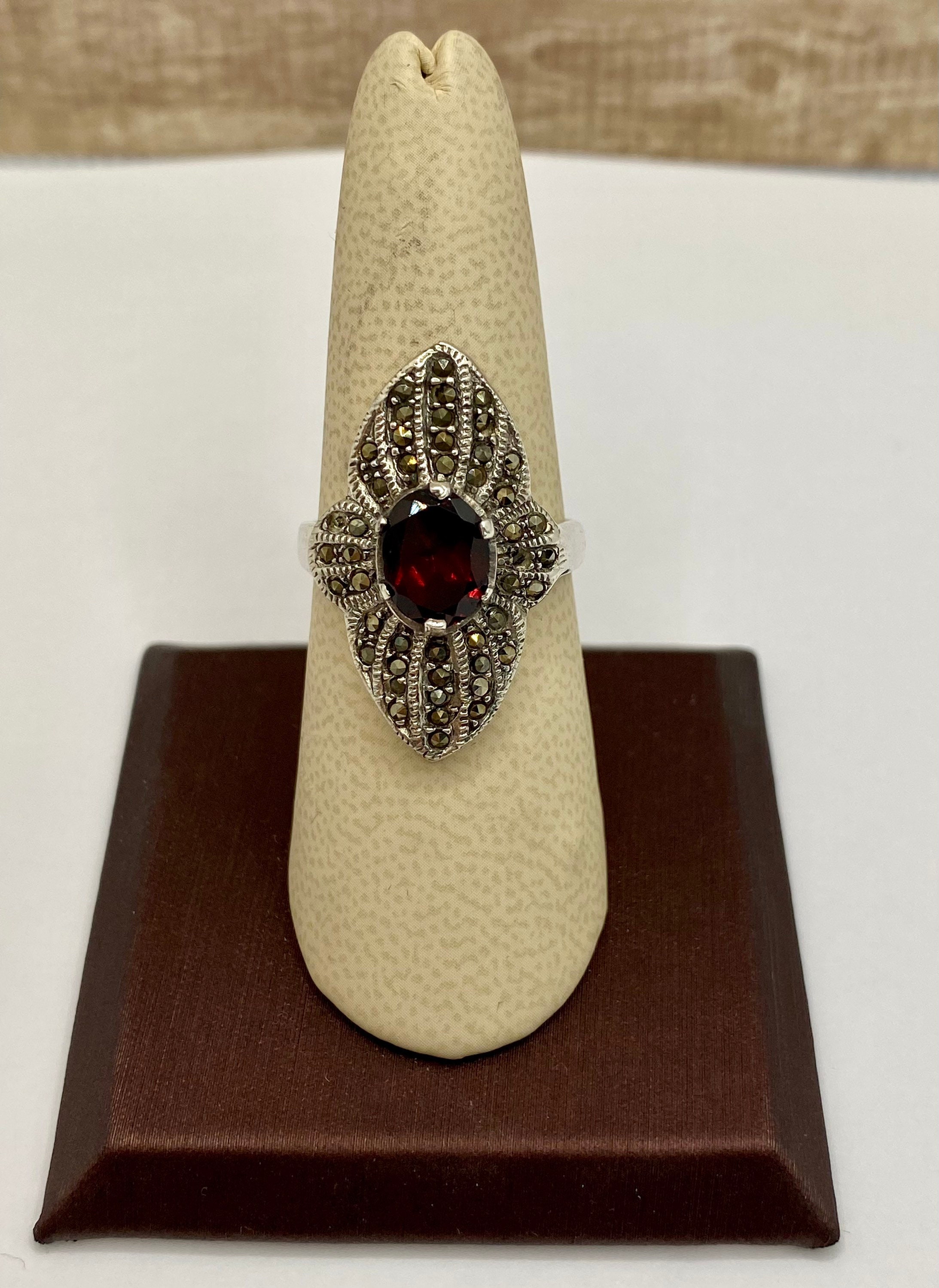 Sterling Silver Marcasite + Garnet Sun + Moon Ring - Size 8 