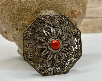 Vintage Vintage Floral Filigree And Red Coral Brooch/Pin!!!