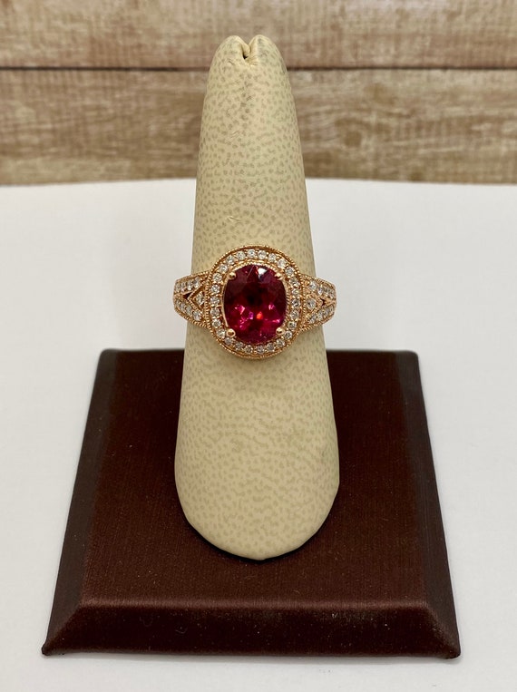 14K Rose Gold Ruby Diamond Halo Ring, Size 8.25 - image 1