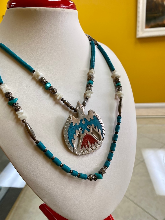 One Of The Best Vintage Native American Navajo Turquoise Coral Sterling Silver Disc Necklace One Of The Best Vintage Native American Navajo Turquoise Coral Sterling Silver Disc Necklace