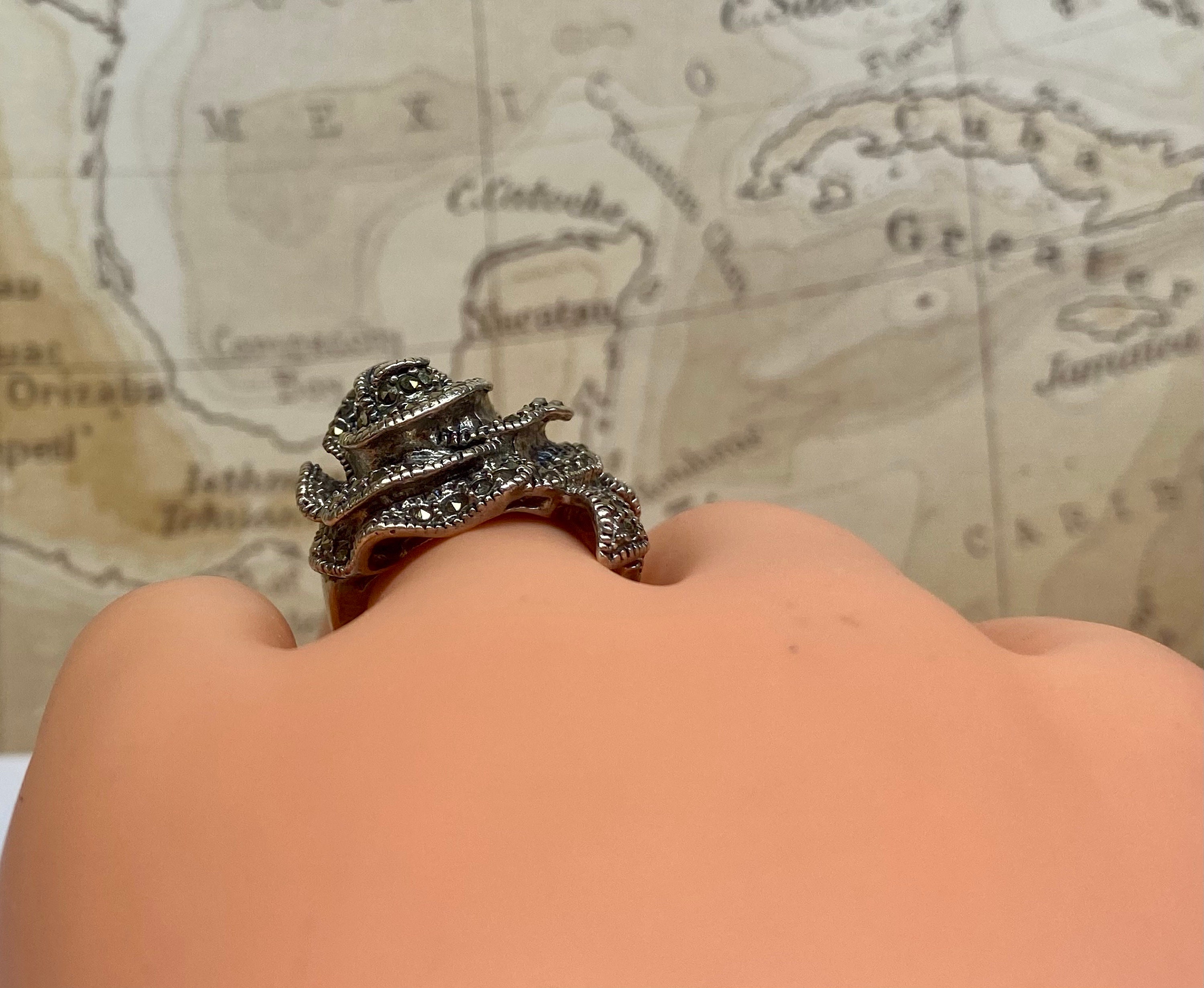Vintage Large THAI 925 Sterling Silver and Marcasite 3D Rose