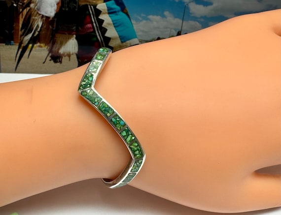 Awesome Vintage Native American Zuni Inlay Turquoise Sterling Silver Angled Bracelet Awesome Vintage Native American Zuni Inlay Turquoise Sterling Silver Angled Bracelet