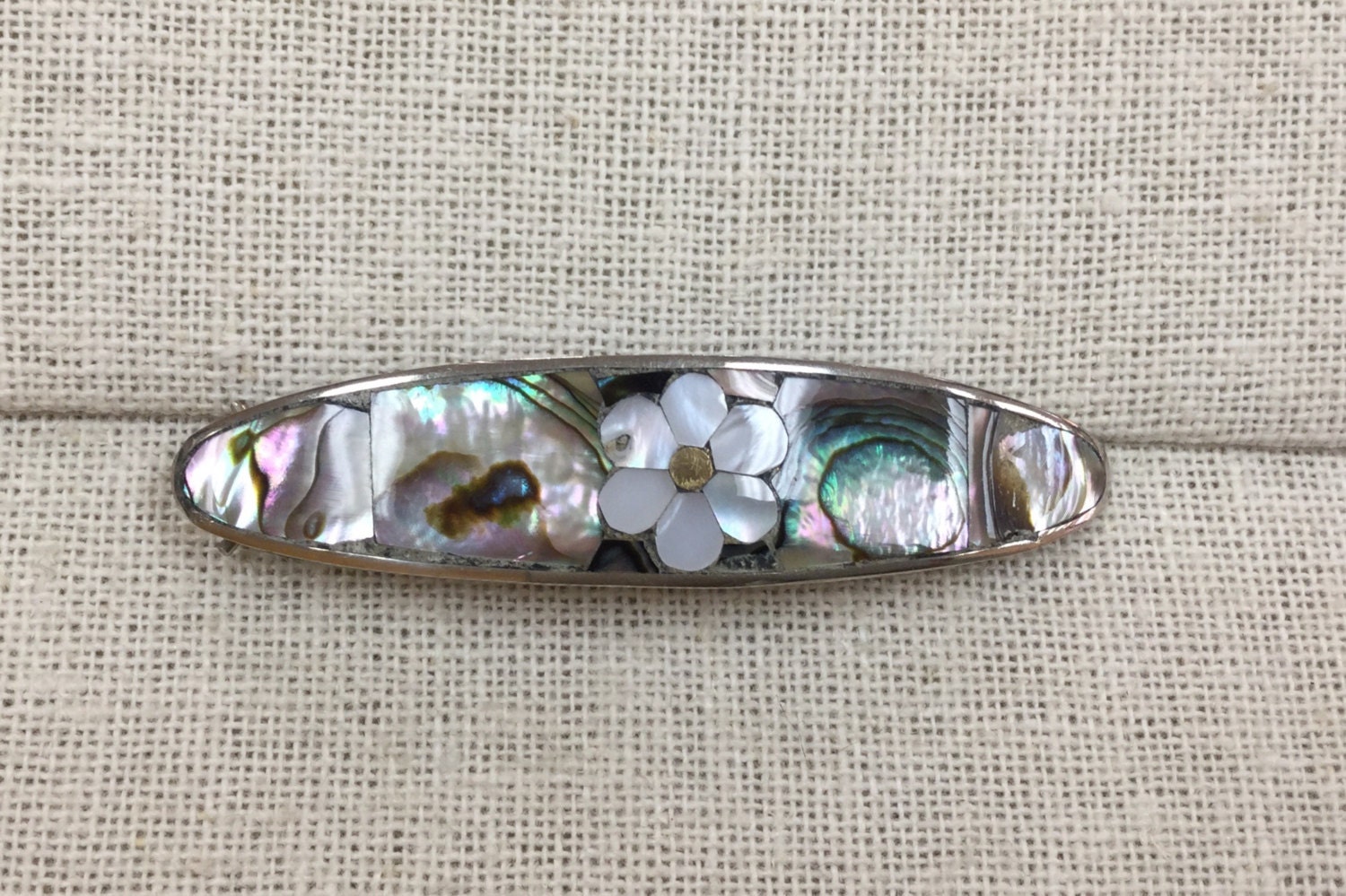 Broche Vintage Feuille En Alpaga Et Nacre, Fabriquée Au Mexique - Bijou Ancien Occasion