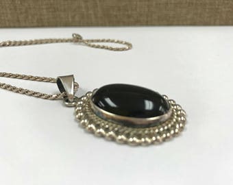 Vintage Mexico 925  Sterling Silver Taxco Necklace With Black Onyx!! Free Us Shipping