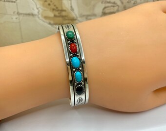 Vintage nativo americano plata esterlina sólida y pulsera de puño de piedra múltiple !!