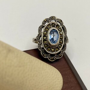 Vintage 925 Sterling Silver Marcasite And Blue   CZ Ring!!!