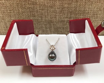 14K Solid White Gold Chain With Black Tahitian Pearl And Diamond Necklace!!!