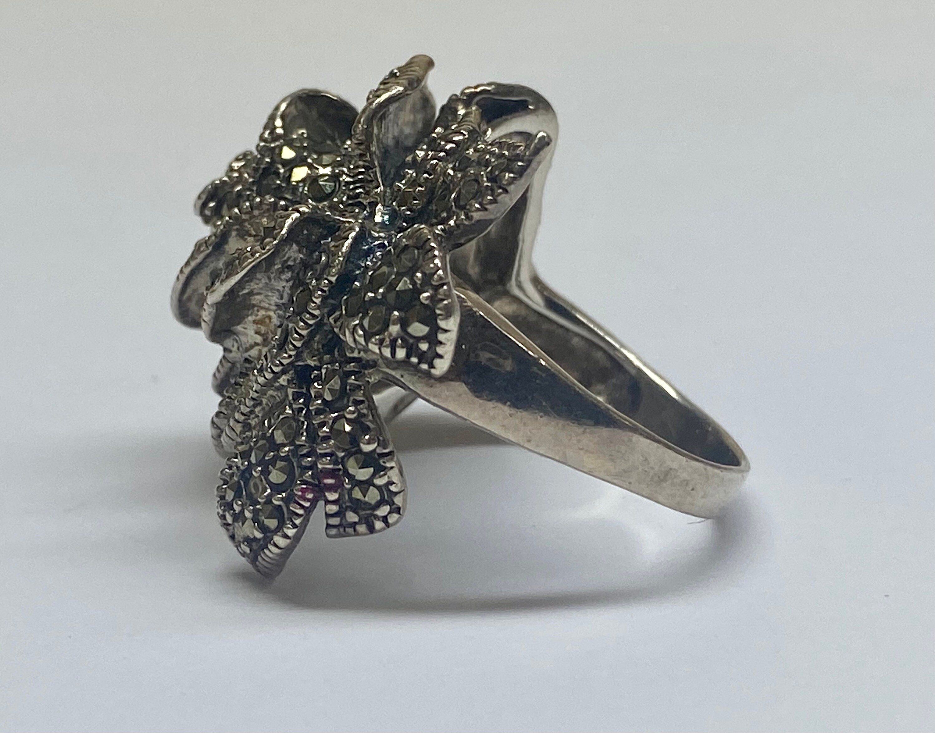 Vintage Large THAI 925 Sterling Silver and Marcasite 3D Rose