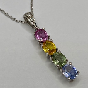 Beautiful Solid 14K White Gold Chain Necklace With Diamond And Multi Color Gemstone Bar Pendant!!!