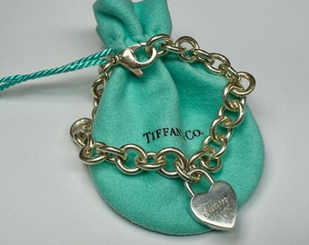 Tiffany & Co 925 Sterling Silver Bracelet With Engraved "Mom" Heart Padlock Charm !!!