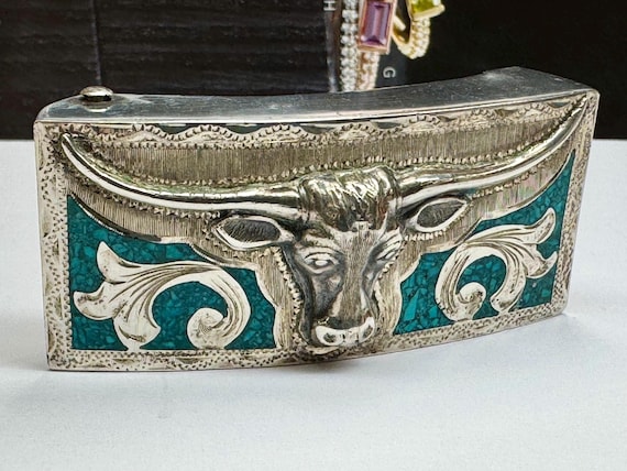 Longhorn‎ Bull Sterling Silver Inlaid Turquoise Belt Buckle Cow Skull Belt Buckle: Turquoise Inlay, Steer Horn, Eagle  main image 4